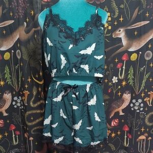 Green and Black Lace Trim Pajama Set